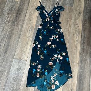 Floral off the shoulder high-low dress.